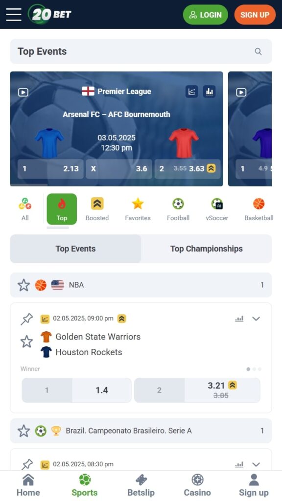 20bet bookmaker homepage
