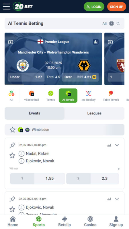 20Bet Bookmaker tennis betting