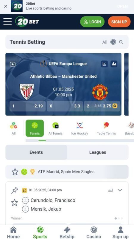 20bet Tennis Bookmaker in Egypt  