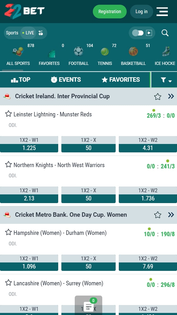22Bet Cricket Betting Page