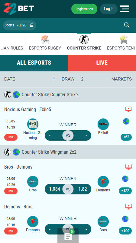 22Bet Bookmaker CS:GO betting