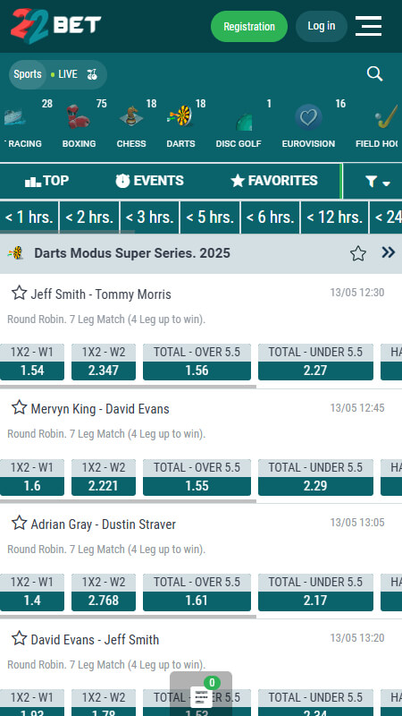22Bet Bookmaker Darts betting