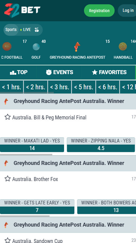 22bet Bookmaker Greyhound betting