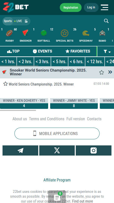 22Bet Bookmaker Snooker betting