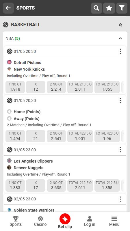 Online basketball betting section on 888starz