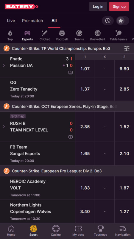 Batery Bookmaker eSports betting