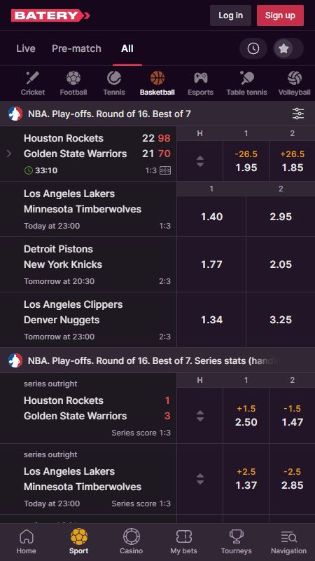 Online basketball betting section on Battery