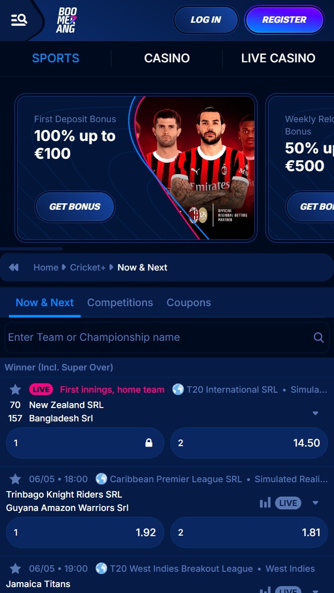 Boomerang Cricket Betting Page