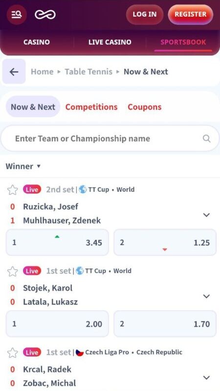 Casino Infinity Bookmaker table tennis betting in the UK