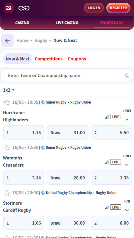 Casino Infinity Bookmaker Rugby betting