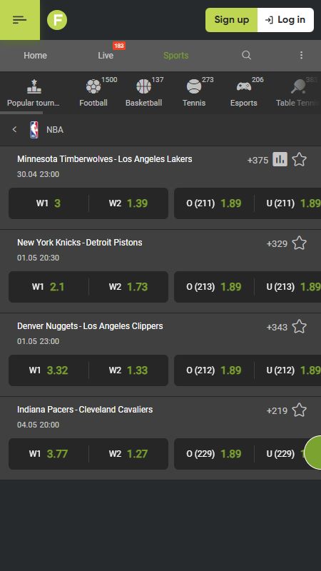 Online basketball betting section on Fresh