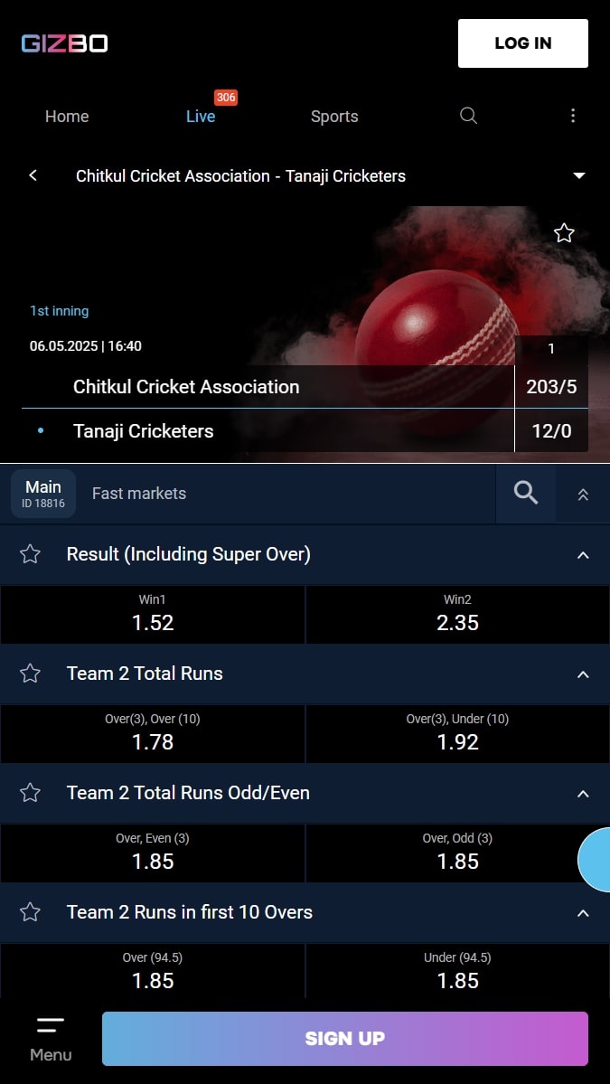 cricket match at Gizbo sports betting site