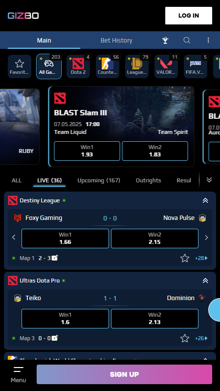 Gizbo Bookmaker eSports betting