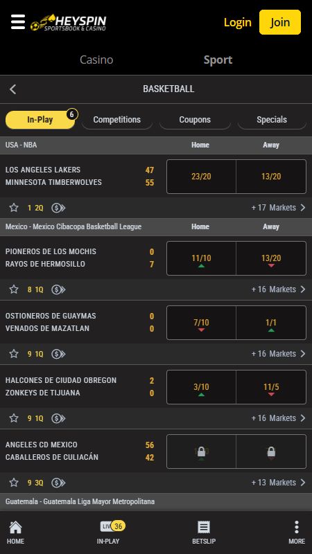 Online basketball betting section on HeySpin