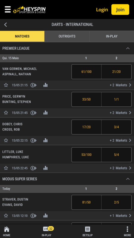 HeySpin Bookmaker Darts betting