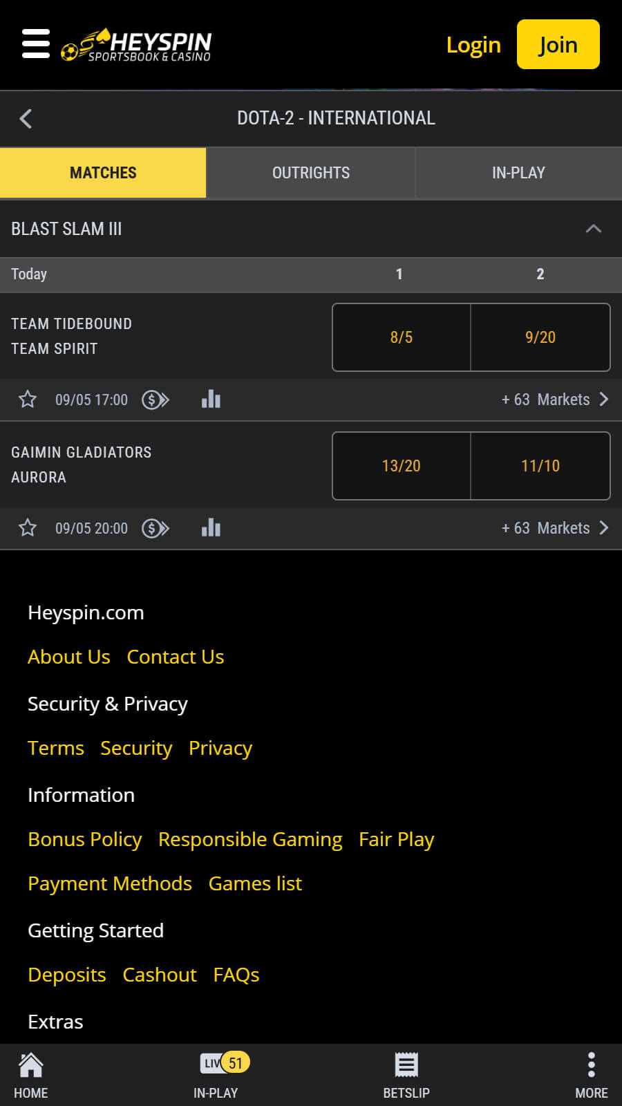 HeySpin Bookmaker Dota 2 betting