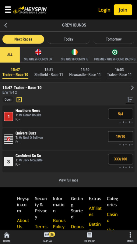 HeySpin Bookmaker Greyhound betting