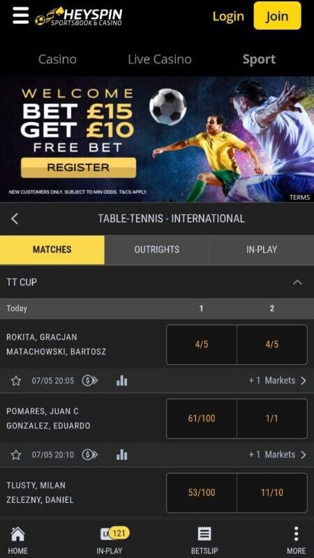 HeySpin Bookmaker  table tennis betting in the UK