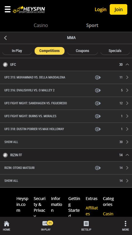 HeySpin Bookmaker UFC betting