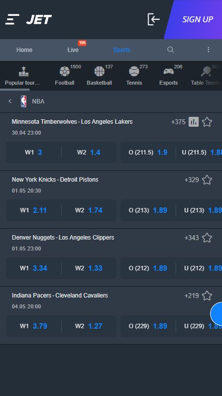 Online basketball betting section on Jet
