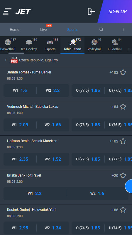 Jet Casino table tennis betting in India