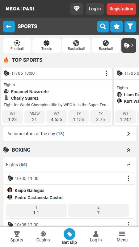 Online sports betting section on Megapari