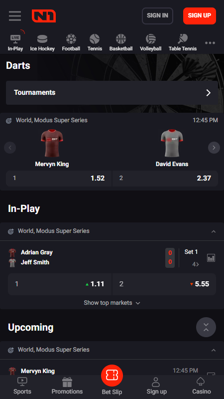 N1Bet Bookmaker Darts betting