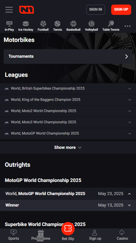 N1Bet Bookmaker Motorbikes betting