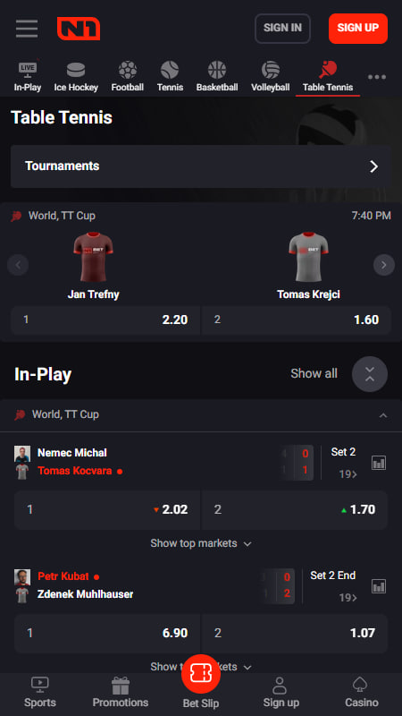 N1Bet Bookmaker table tennis betting in the UK