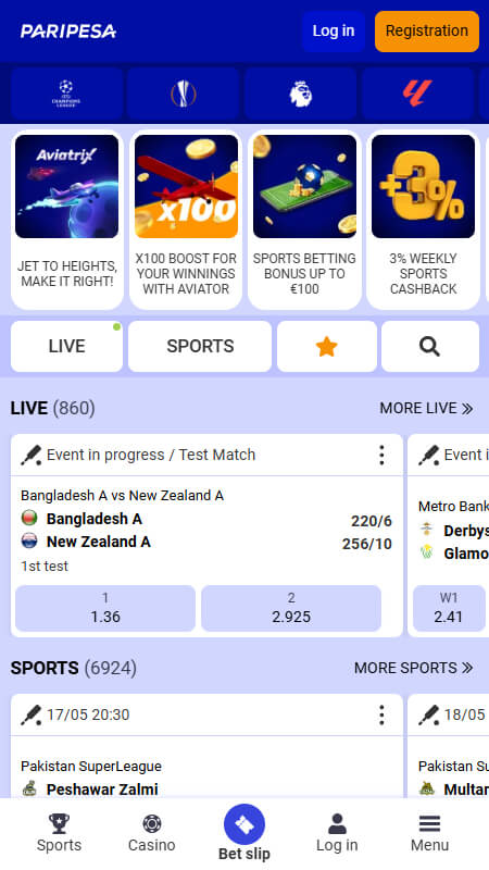 Paripesa Bookmaker main page