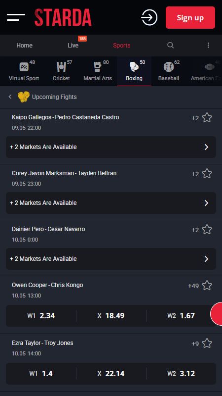 Online sports betting section on Starda