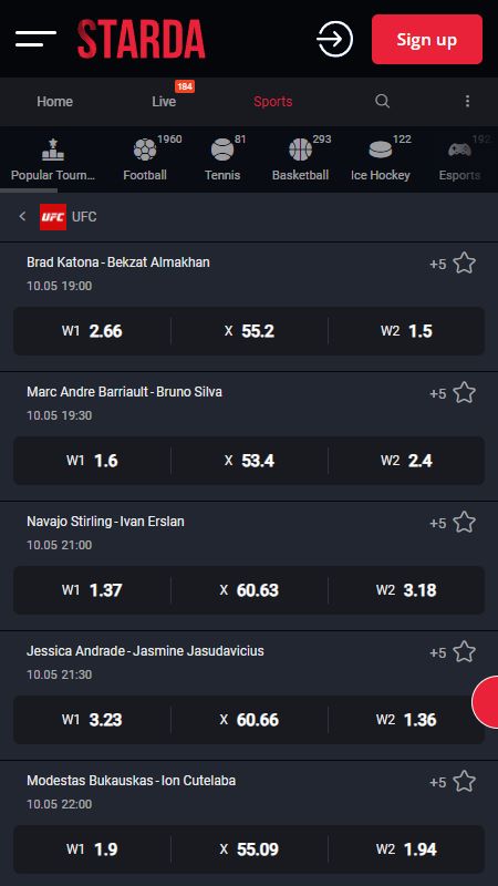 Starda Bookmaker UFC betting