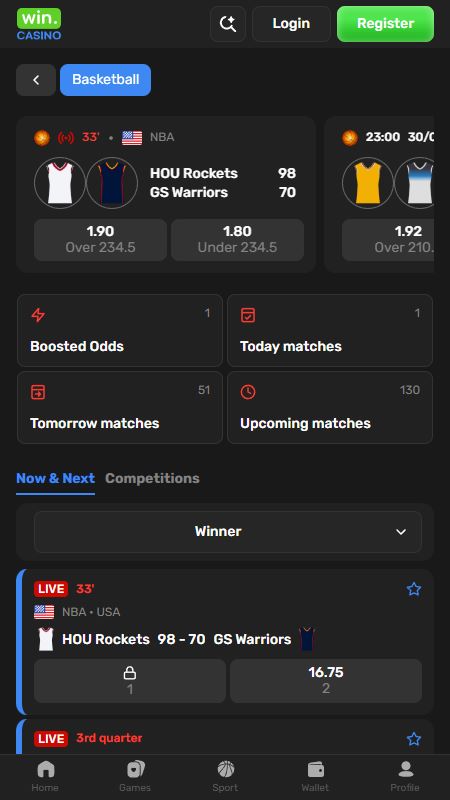 Online basketball betting section on Win