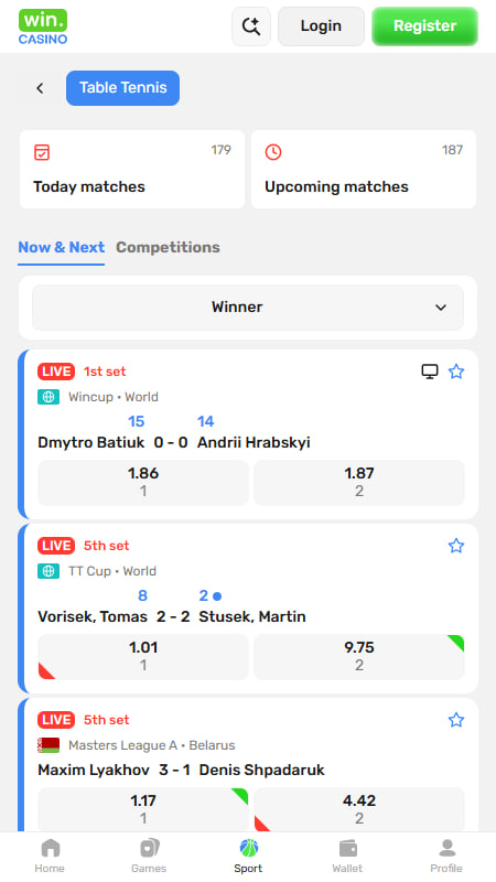 Win.Casino table tennis betting in India