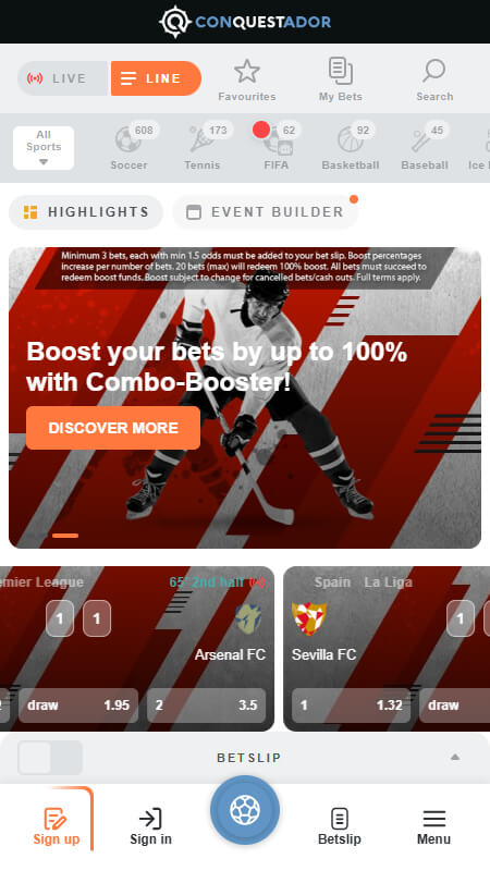 Conquestador bookmaker home page
