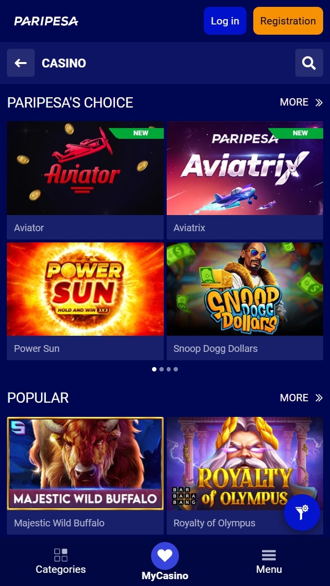 Paripesa Casino Homepage