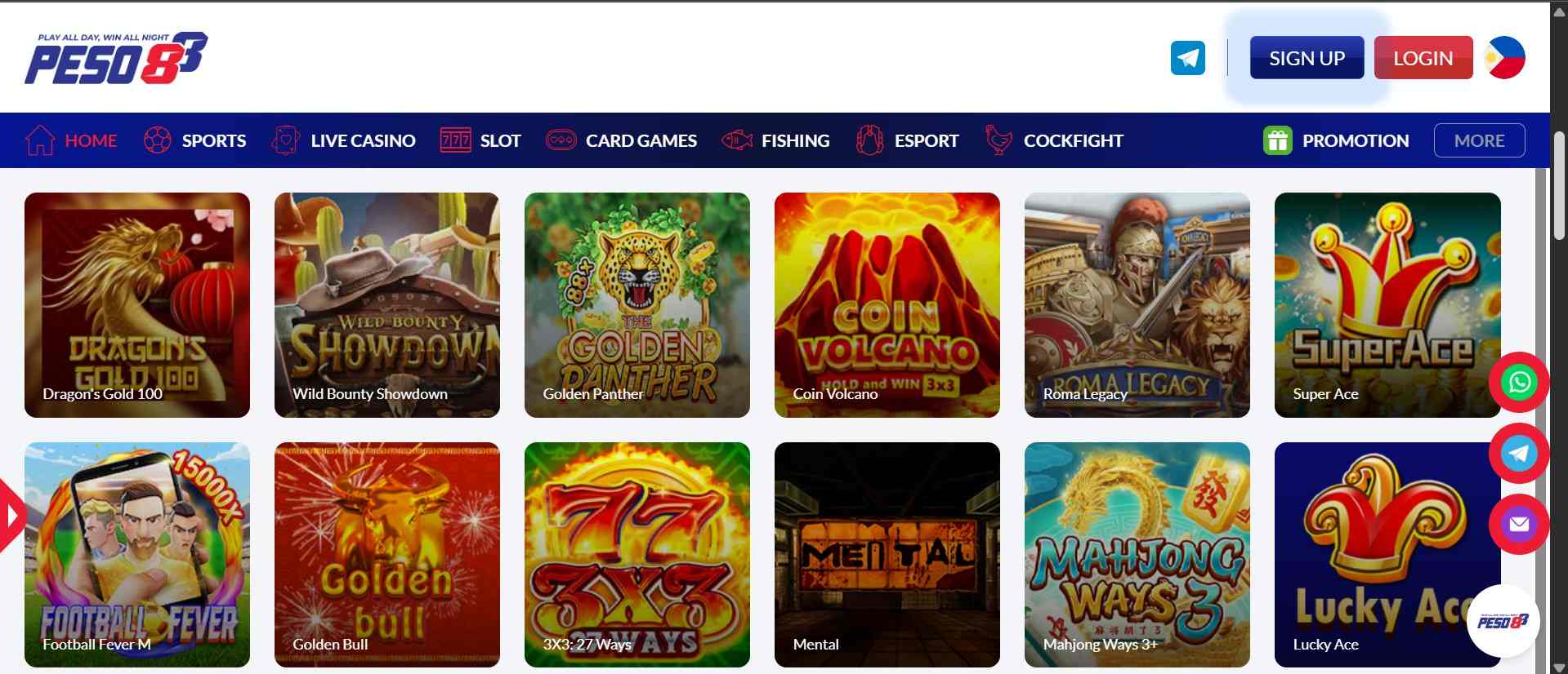 Home page of Peso88 Casino