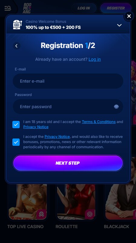Boomerang Bet casino registration step 1