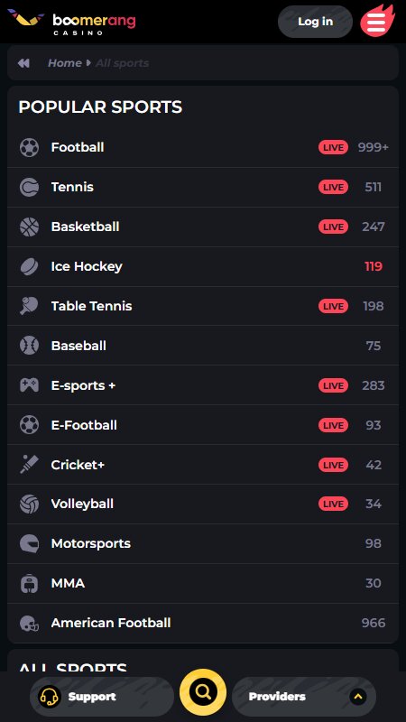 Boomerang Casino sports live