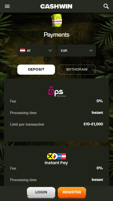Cashwin payment options for Austrian players