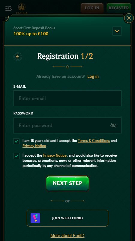 Casinia start register account