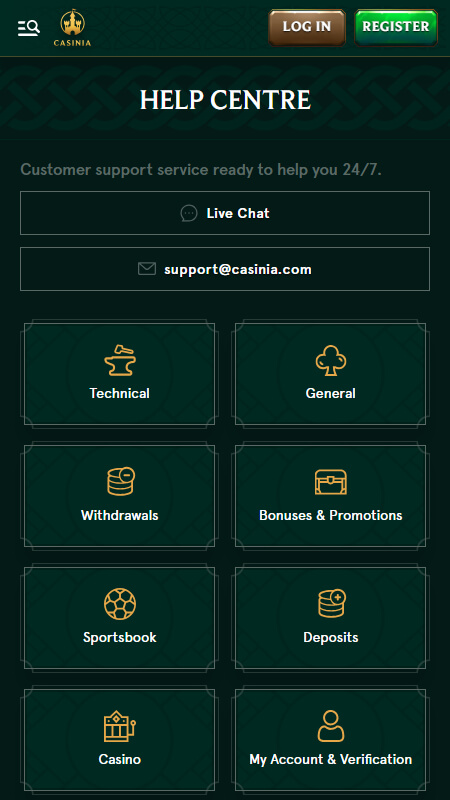 Casinia technical support page