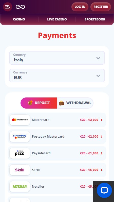 Casino Infinity payments for players from Italy