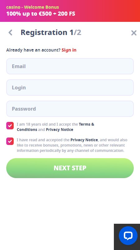 Casino Infinity registration step 1