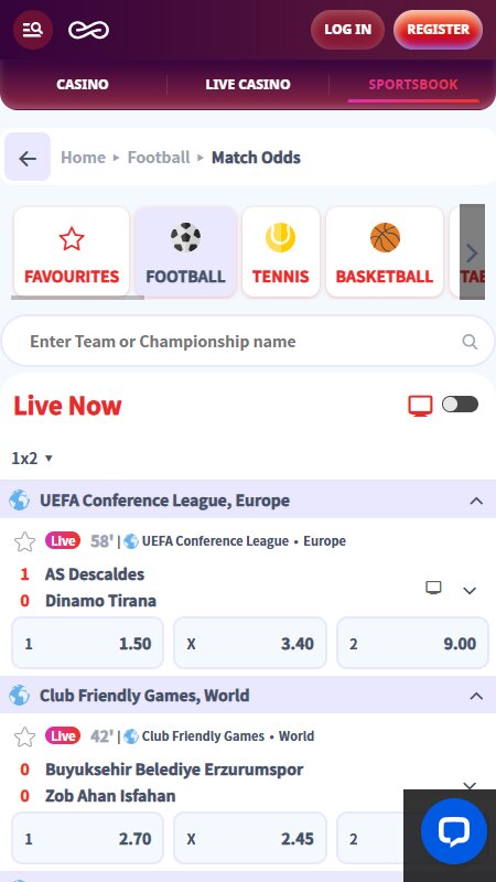 Casino Infinity Live Sports Betting page