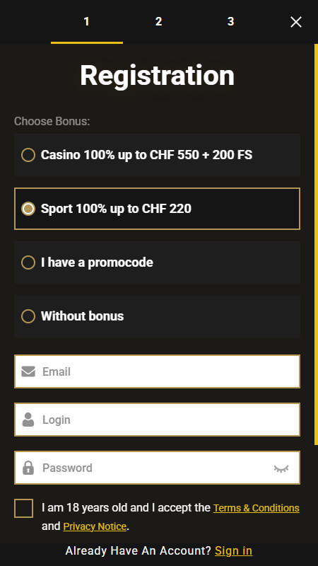 Casinoly registration step 1 