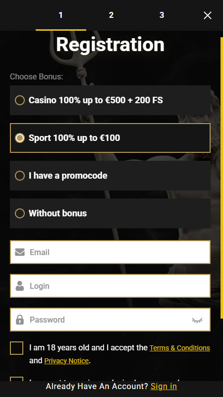 Casinoly registration step 1
