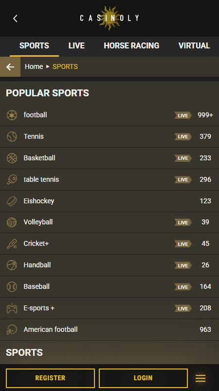 Casinoly Bookmaker sports betting list