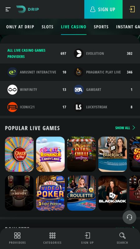 Drip live casino page