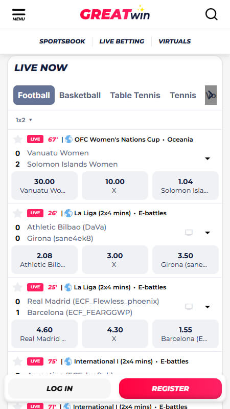 GreatWin Bookmaker Live betting